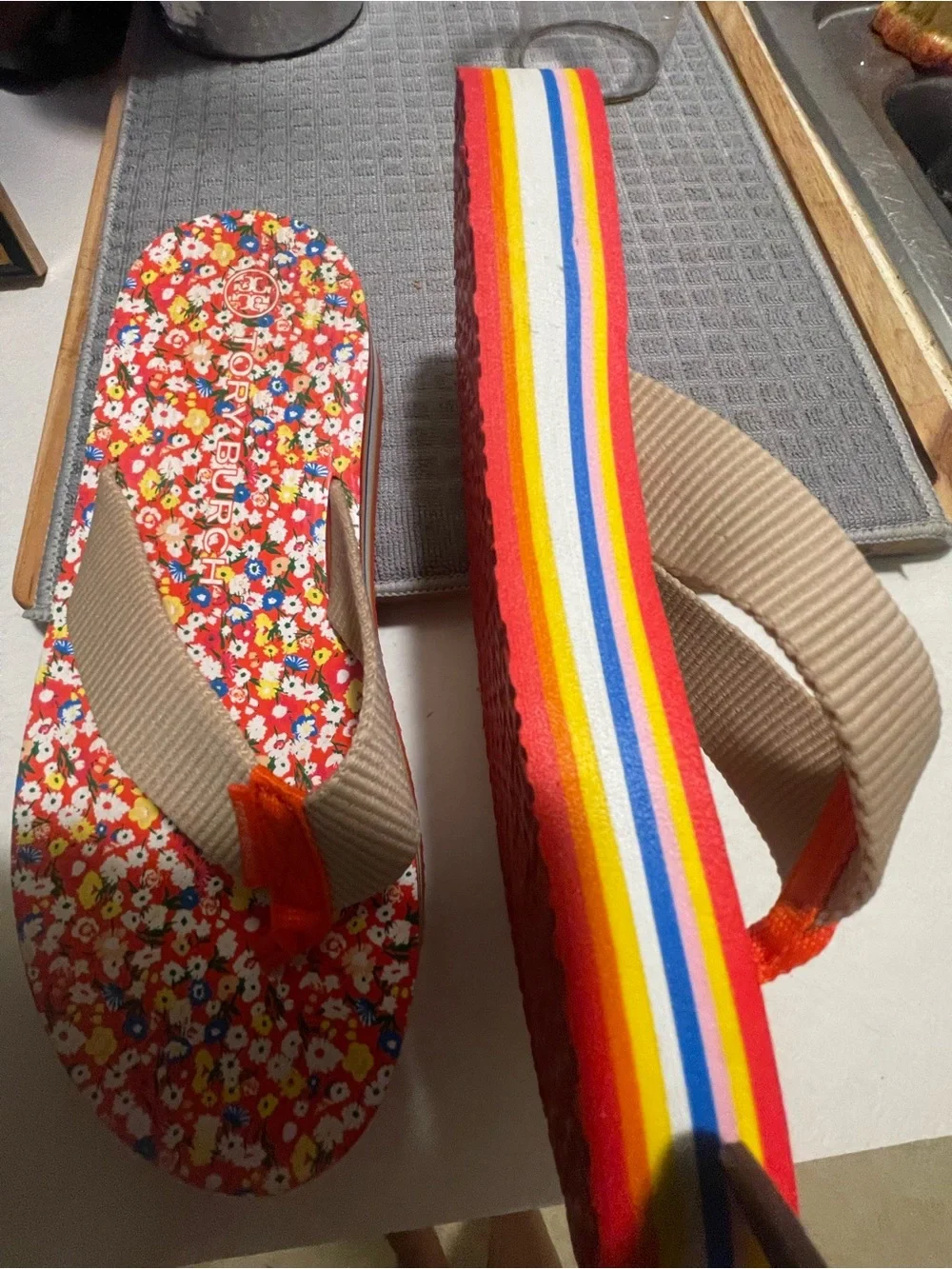 Tory Burch Red Floral Flip Flops with Tan Straps and Orange Accents